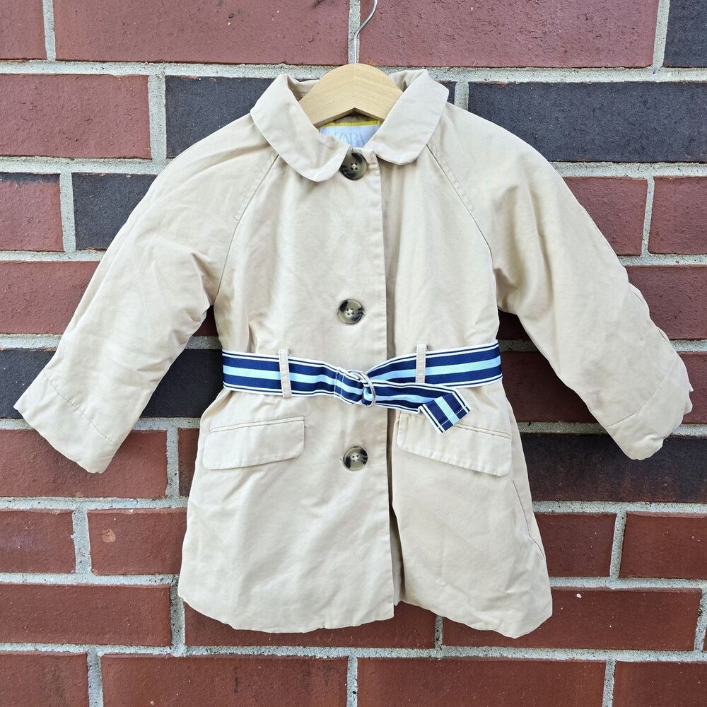 Zara Baby Toddler Khaki Trench Coat Jacket 18-24 Months Belted Lined EUC